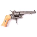 A Belgian 6 shot 7mm Lefaucheux double action pinfire revolver, number 100505, c 1865, round