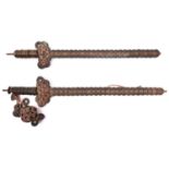 2 Chinese coin swords, 19" overall, each composed of over 150 brass coins, one with additional “