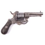 A Belgian 6 shot 7mm double action pinfire revolver, c 1866, round barrel 70mm etched “BIJON & CLERE