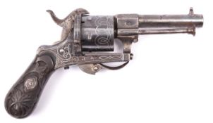 A Belgian 6 shot 7mm double action pinfire revolver, c 1866, round barrel 70mm etched “BIJON & CLERE