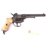 A Belgian 6 shot 12mm Lefaucheux double action pinfire revolver c 1866, number 142628 on one side of