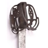 A very simple Scottish basket hilted backsword, the 29” 18th century blade of thin wedge section