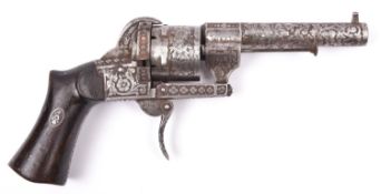 A French 6 shot 7mm Lefaucheux Model 1856 self cocking pinfire revolver number 18964, round barrel