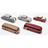 5 Dinky Toys. 2x Luxury Coaches 281. An example in maroon with cream flashes and maroon wheels. Plus