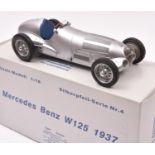 CMC 1:18 Mercedes-Benz W125 1937. Superbly detailed and finished in metallic silver livery, with