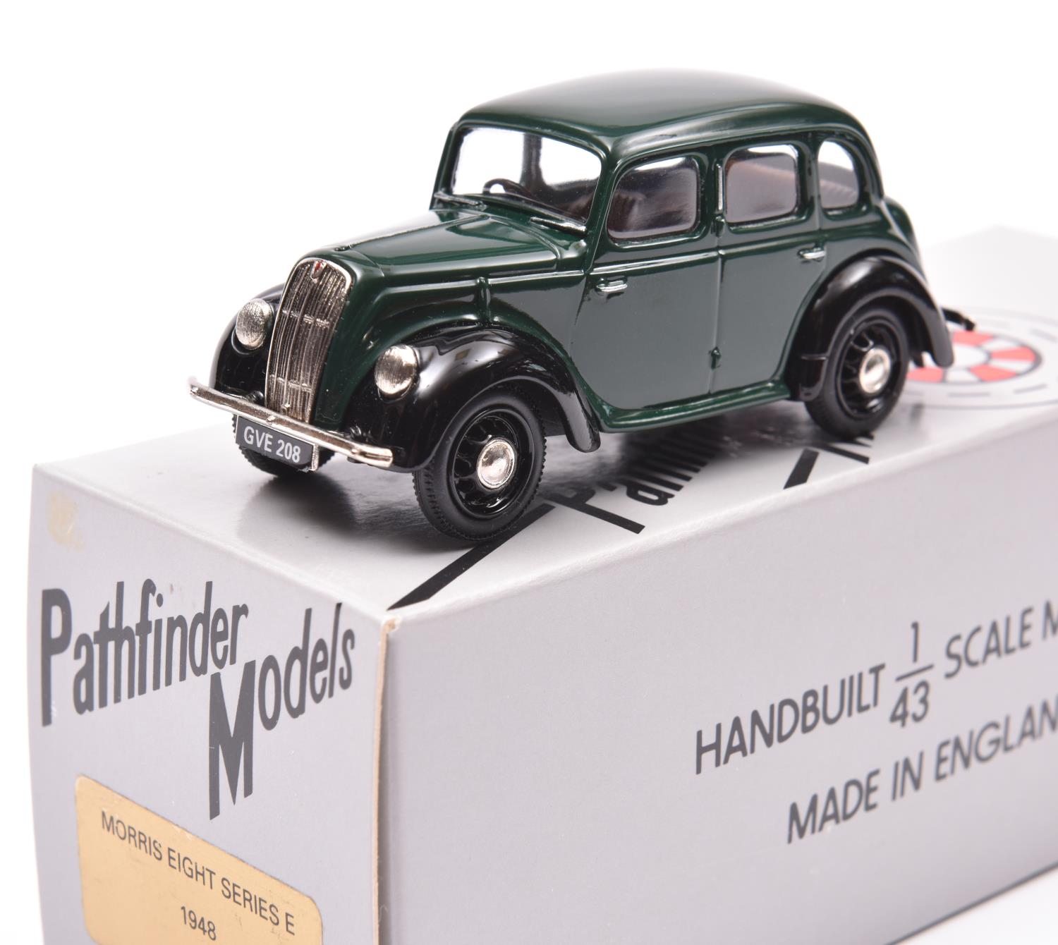 Pathfinder Models PFM 25 1948 Morris Eight Series E. In dark green with black mudguards and brown
