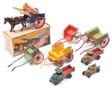 4x Britains Model Home Farm Series horsedrawn carts. Including a boxed (No.4F) Tumbrel Cart (missing