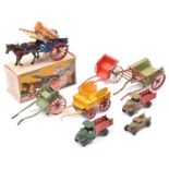 4x Britains Model Home Farm Series horsedrawn carts. Including a boxed (No.4F) Tumbrel Cart (missing