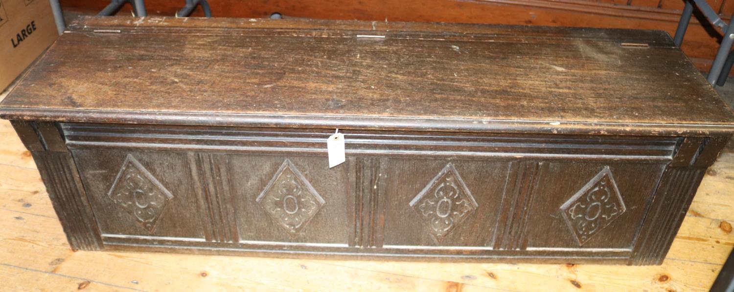 An 19th Century oak coffer chest (in an earlier 18th Century style). Well made and of narrow