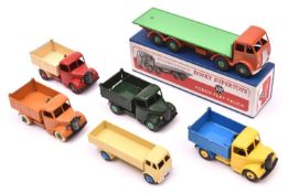 7 well restored Commercial Dinky Toys. Foden DG Flat Truck orange cab and chassis with green