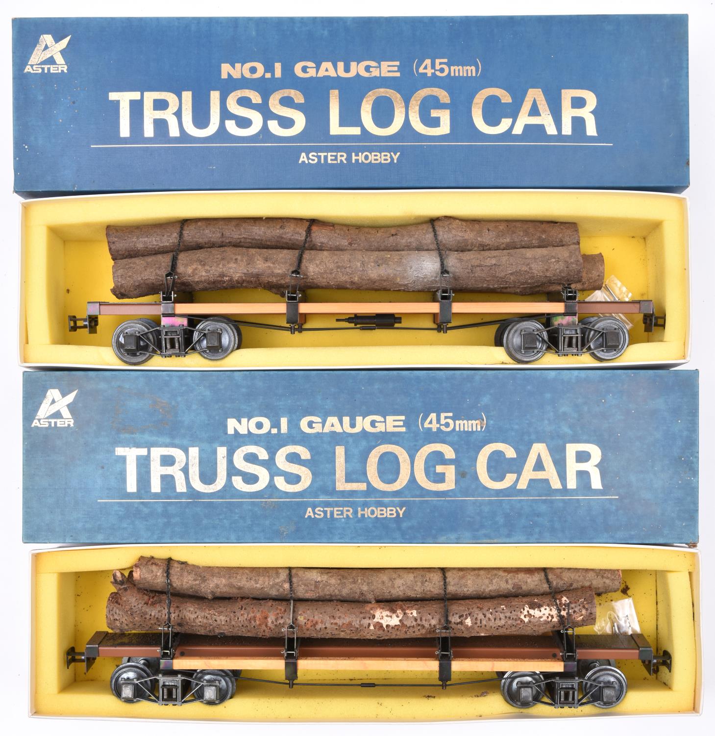 2x Aster Hobby Gauge One railway (45mm) Amercian outline Truss Log Cars. Well detailed bogie log