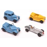 4 Dinky Toys 35 Series Cars. A Saloon Car 35a in mid blue. 2x Austin Seven Open Tourer 35d in yellow