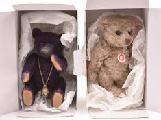 2x modern Steiff Teddybears. Monty in aubergine (035739) and Josef in 'milk coffee'/beige (