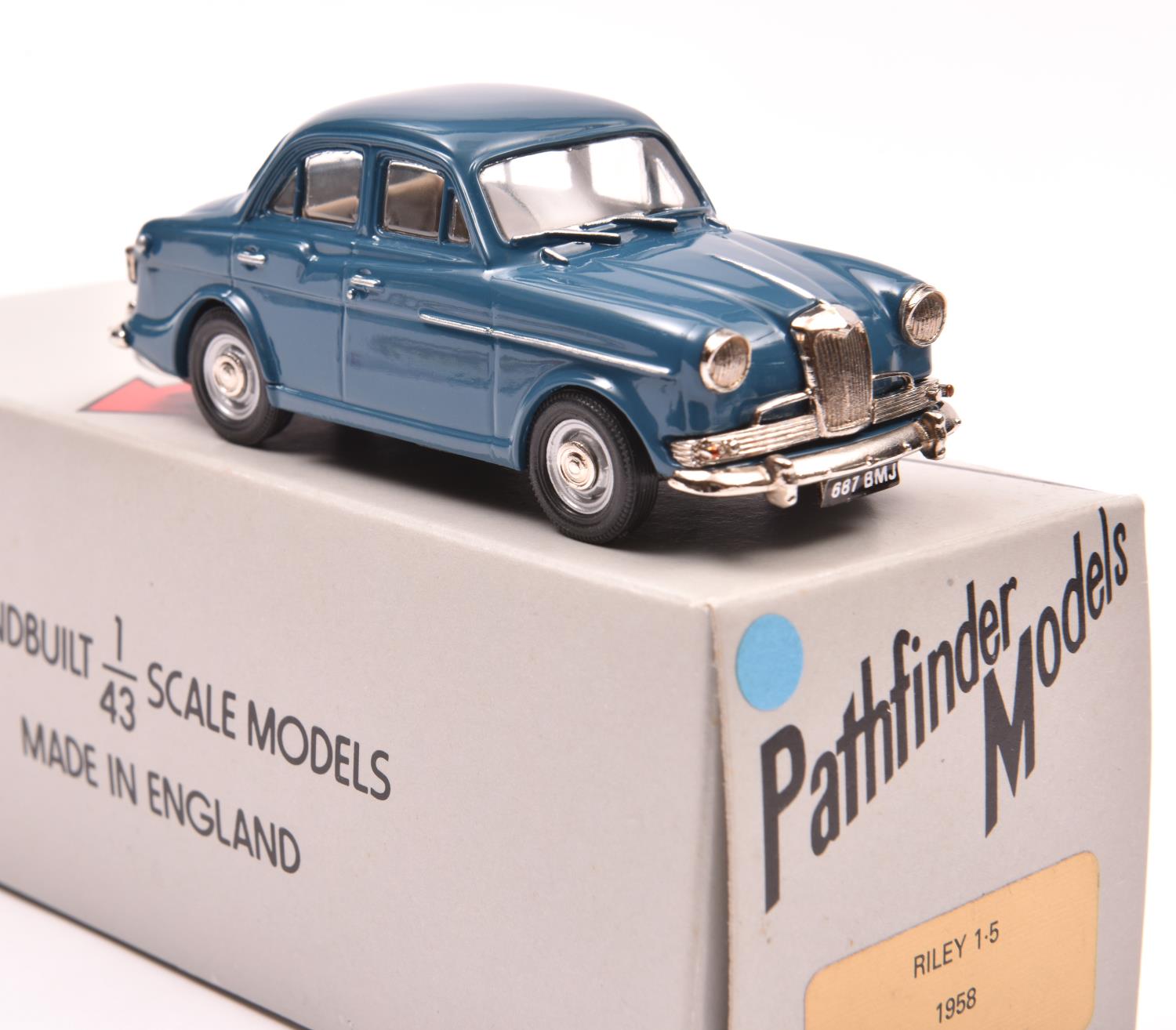 Pathfinder Models PFM 14 1958 Riley 1.5. In mid blue with cream interior, silver wheels with