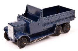 Dinky Toys Six Wheeled Transport Wagon 25s. An example in dark R.N. blue with black ridged wheels.