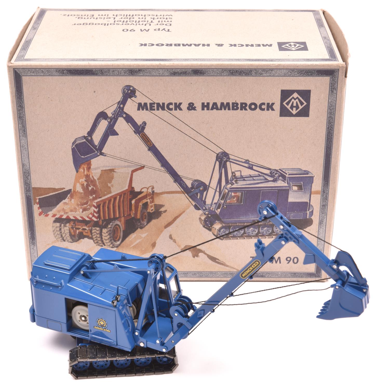 A German Menck & Hambrock Type M90 tracked shovel. A die-cast display model in blue with fixed