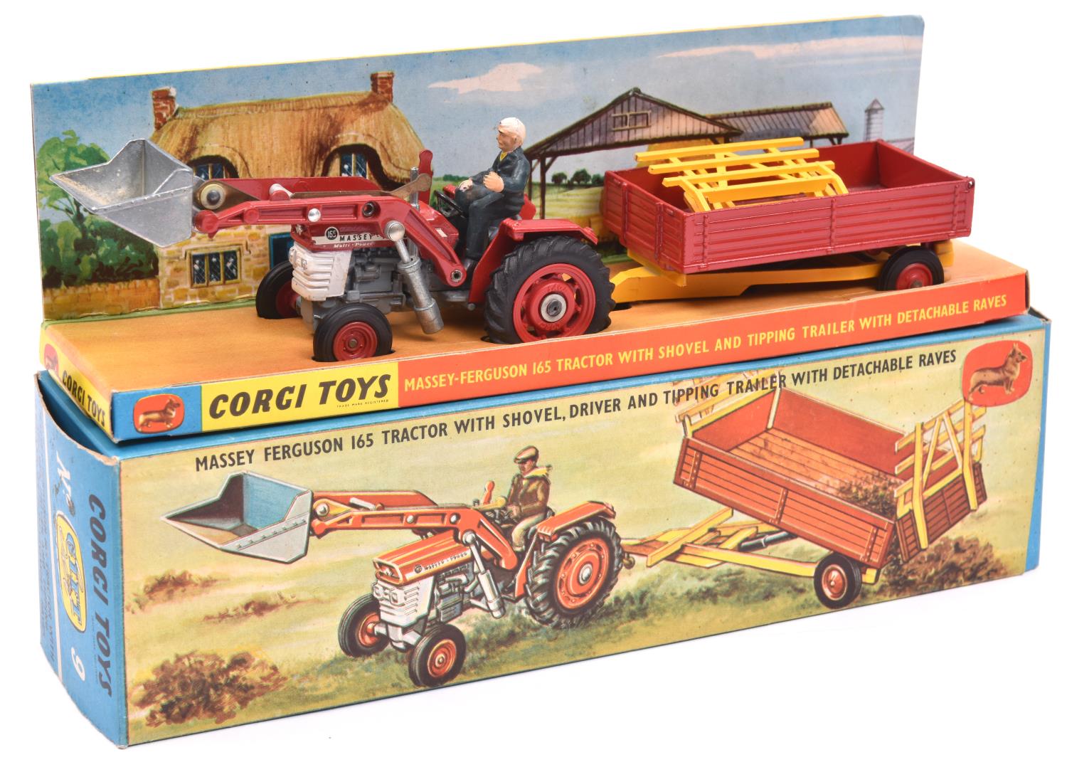 Corgi Toys Gift Set 9. Massey Ferguson 165 Tractor With Shovel, Driver & Tipping Trailer with