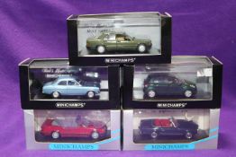 5 1:43 Minichamps. 3x Mercedes Benz- 280SL in dark blue. 300CE2.4 Cabriolet in red and a 190E in