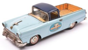 Bandai Tinplate 1956 Ford Fairlane Ranchero Pick-Up. In light blue with dark blue roof, elephant