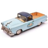 Bandai Tinplate 1956 Ford Fairlane Ranchero Pick-Up. In light blue with dark blue roof, elephant