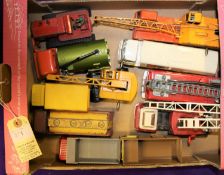 11 Dinky Toys. Leyland Octopus Tanker, AEC Monarch Tanker, Bedford Jones Crane, Merry Weather Fire