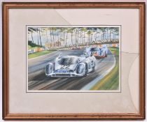 A framed and glazed water colour painting of the Martini Porsche of Helmut Marko and Gijs van