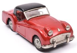 Bandai Tinplate Friction Powered Triumph T.R.3. An example in metallic red with black roof, L.H.D.