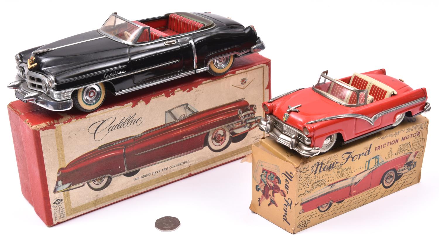 2 Tinplate vehicles. A Japanese ALPS Tinplate Friction Powered 1950 Cadillac Series 62