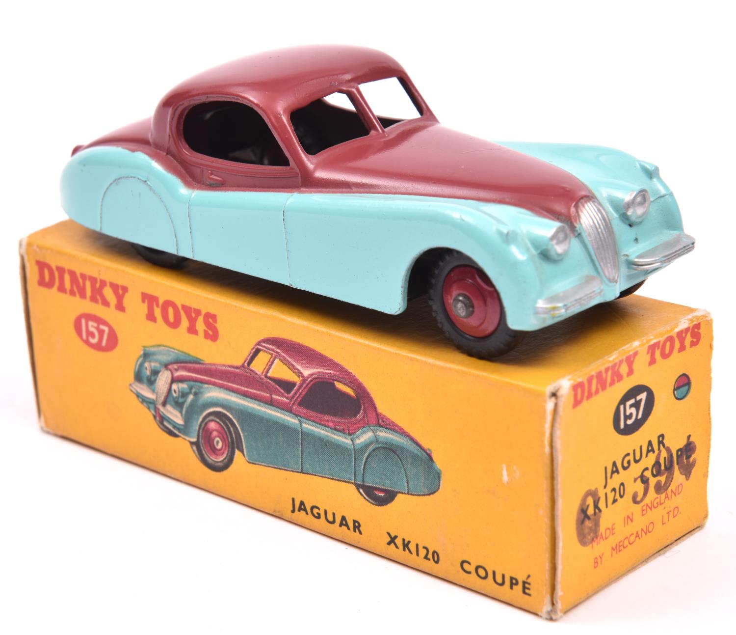 Dinky Toys Jaguar XK120 Coupe (157). Example in cerise and sky blue with cerise wheels and black