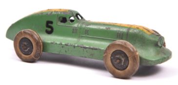 A scarce early Dinky Toys Hotchkiss Racing car (23b). An example in green with a yellow flash,