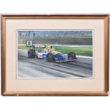 A framed and glazed water colour painting of Nigel Mansell in his famous No.5 Williams-Renault F1