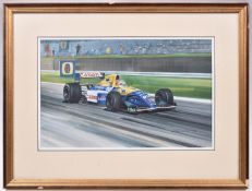 A framed and glazed water colour painting of Nigel Mansell in his famous No.5 Williams-Renault F1
