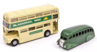 2 Dinky Toys Buses. Streamlined Bus 29b. In dark green/mid green, with mid green wheels and black