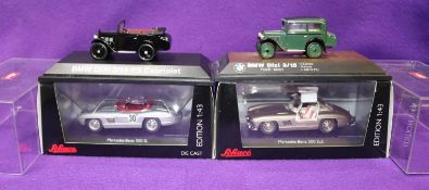 4x Schuco. 2x Mercedes-Benz 300SL racing car, RN30 in metallic silver with red interior. 300SLS