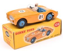 Dinky Toys Austin-Healey '100' Sports (109). An example in deep yellow with mid blue interior and