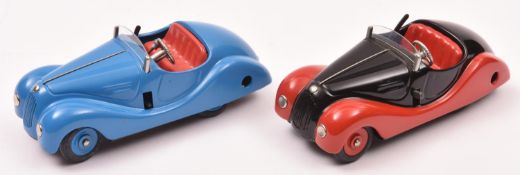 2 Schuco Tinplate Open Top Sports Cars. An original issue Examico 4001 in mid blue with red interior