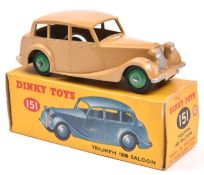Dinky Toys Triumph 1800 Saloon (151). An example in fawn with green wheels and black tyres. Boxed,