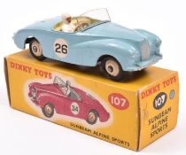 Dinky Toys Sunbeam Alpine Sports (107). An example in light blue with cream interior, RN26, deeper
