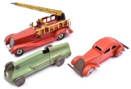 3 Tinplate Vehicles. A heavy duty tinplate American style friction powered Fire Engine. Probably