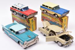 2 Japanese push along tinplate American Ford Fairlane Station Wagons. One in cream and mid blue with