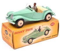 A Dinky Toys M.G. Midget Sports (102}. Pale green body, cream interior and wheels. With grey