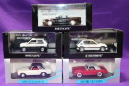 5 1:43 Minichamps. 3x Mercedes Benz- 2x 280SL, colour variations, red and white. A 500SL in black.