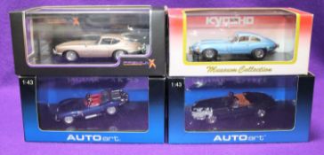 4 1:43 Sports Cars. 2x Autoart Jaguars- XKSS in dark metallic blue and a late Jaguar E Type V12 in