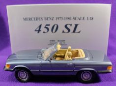 A CMC 1:18 scale Mercedes-Benz 450SL. A top down example in light metallic blue with fawn