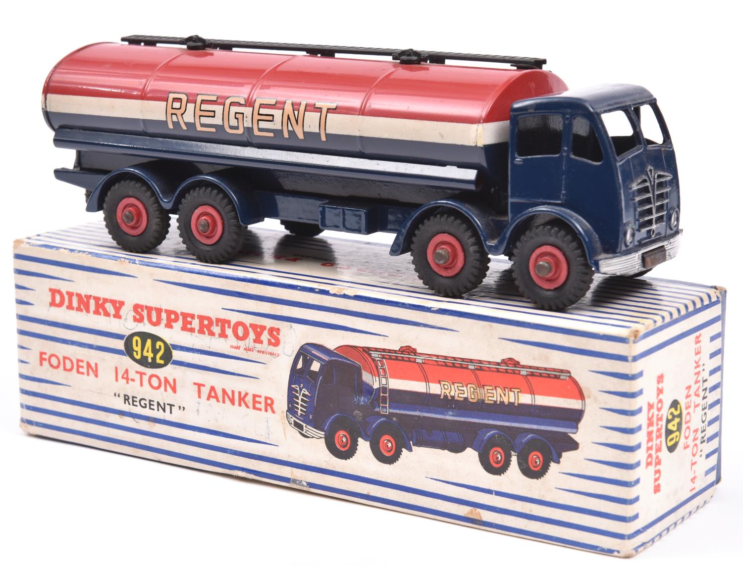 Dinky Supertoys Foden 14-Ton Tanker REGENT (942). In dark blue, red and white livery, red wheels and