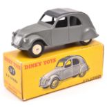 French Dinky Toys 2CV Citroen (24T). In dark grey with very dark grey roof, cream wheels with