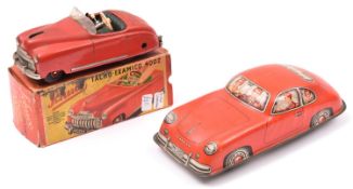 2 German Tinplate Cars. A Schuco Tach-Examico 4002 clockwork 2-door open top saloon. In red with