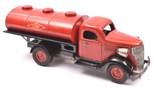 A scarce French VEBE Tinplate Clockwork Large Scale 2 Axle Petrol Tanker. In red and black livery,