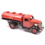 A scarce French VEBE Tinplate Clockwork Large Scale 2 Axle Petrol Tanker. In red and black livery,