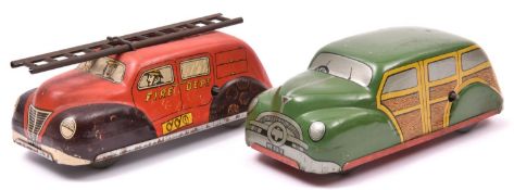 2 Mettoy Tinplate Clockwork Vehicles. A fire engine with ladder to roof, 'Fire Dept' to sides, in